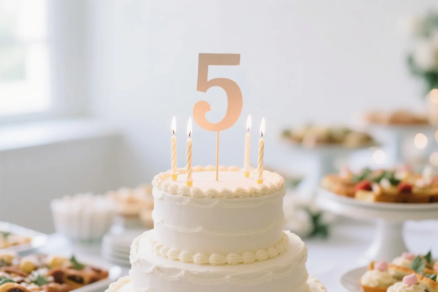 Een witte taart met twee verdiepingen, brandende kaarsjes en een grote papieren 5 staat op een feestelijke buffettafel in een lichte omgeving met witte en crèmekleurige tinten.