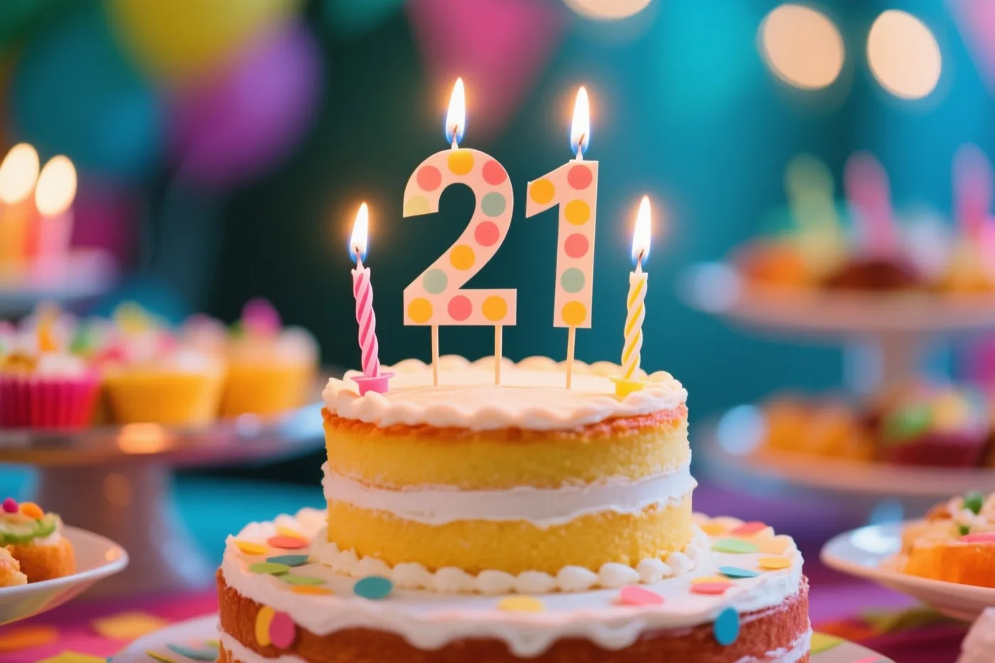 Een taart met meerdere verdiepingen, wit glazuur, gekleurde suikerstrooisels, vier brandende kaarsen en een papieren 21 staat op een buffet met andere desserts.