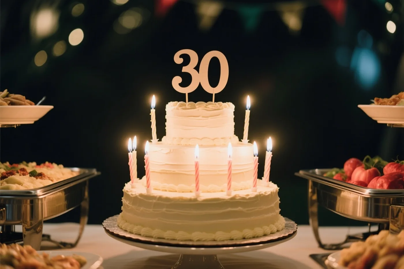 Een witte taart met drie verdiepingen, brandende kaarsen en een versiering met 30 staat op een buffet tussen schalen eten, met onscherpe feestlichtjes op de achtergrond.