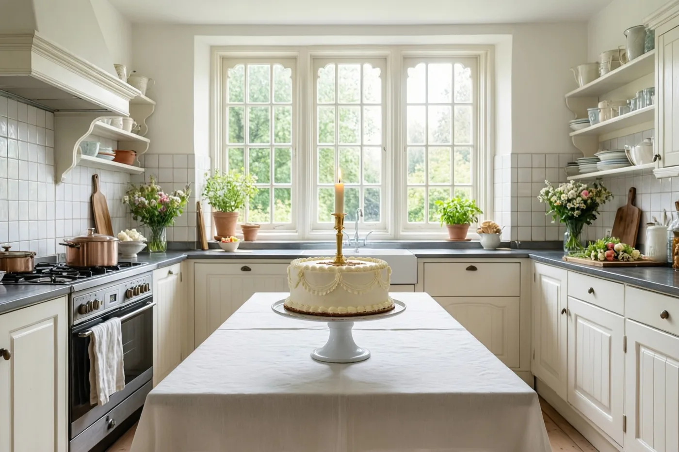 Een witte communietaart met één brandende kaars staat op een wit gedekte tafel in een lichte Vlaamse keuken met witte kasten, betegelde muren en grote ramen met zicht op groen.