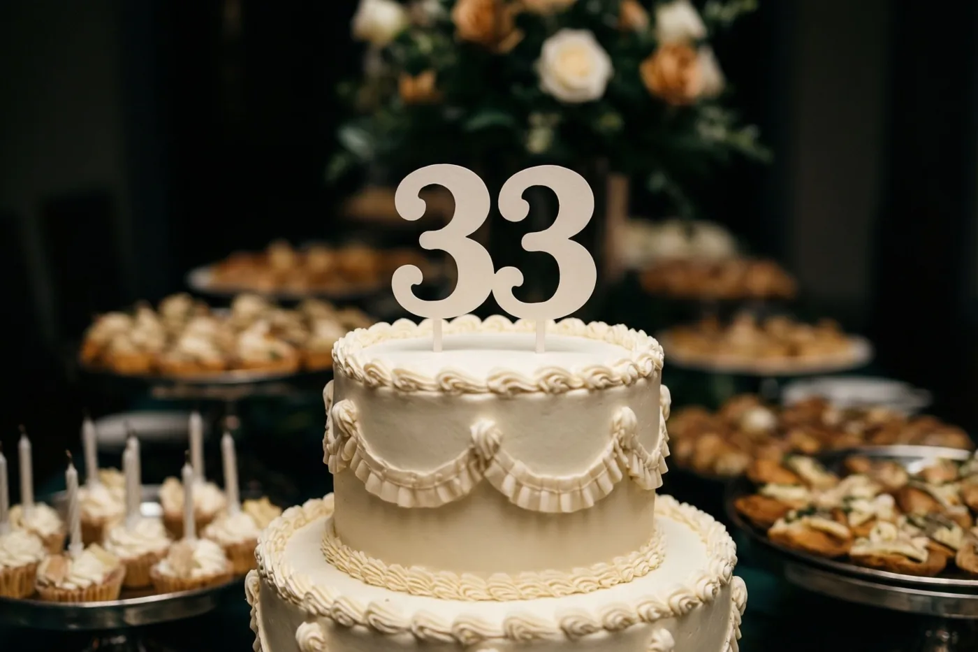 Een witte taart met twee verdiepingen, sierlijk glazuur en een papieren versiering met 33 staat op een buffettafel tussen schalen met cupcakes en gebak.