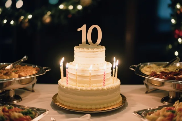 Een witte taart met drie lagen, brandende kaarsjes en een papieren versiering met 10 staat tussen schalen eten op een buffet, met onscherpe feestlichtjes op de achtergrond.