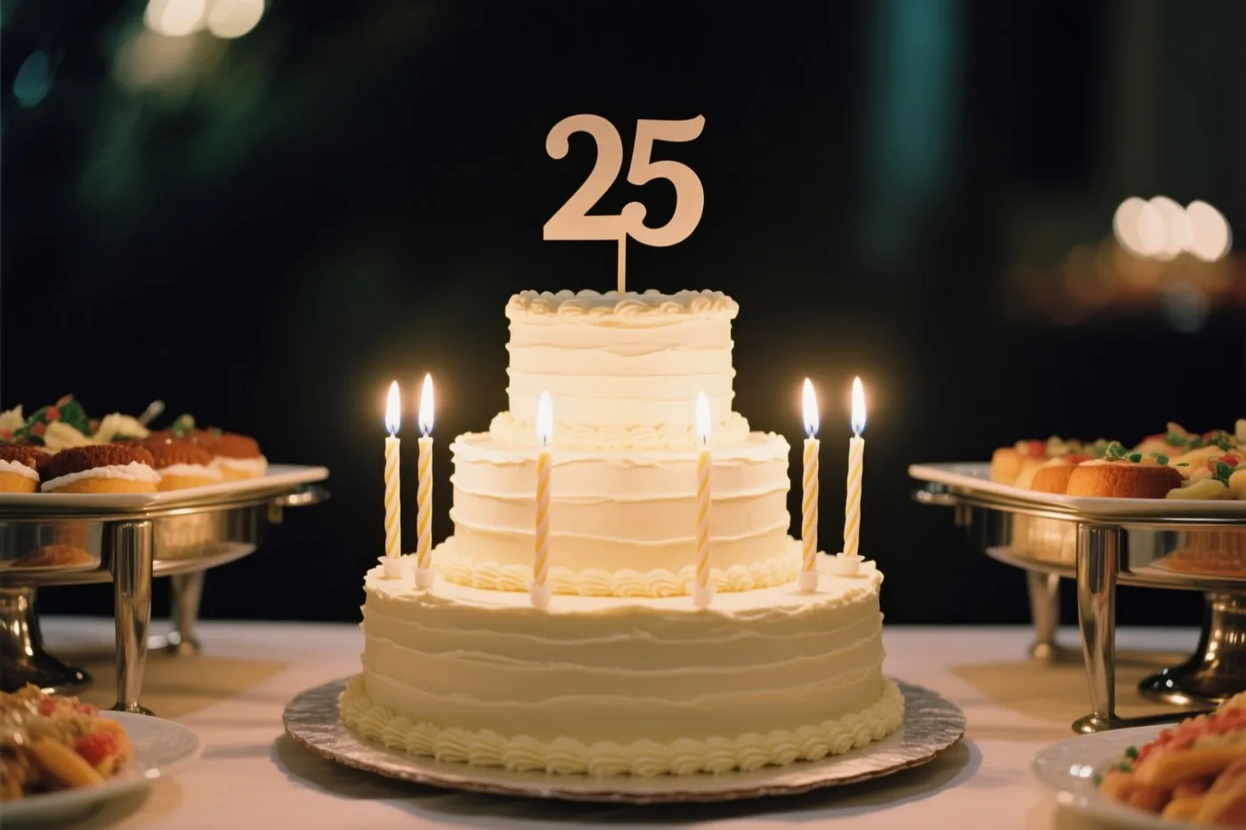 Een witte taart met drie verdiepingen, brandende kaarsen en een versiering met 25 staat op een buffet met desserts op zilveren schalen tegen een donkere achtergrond.
