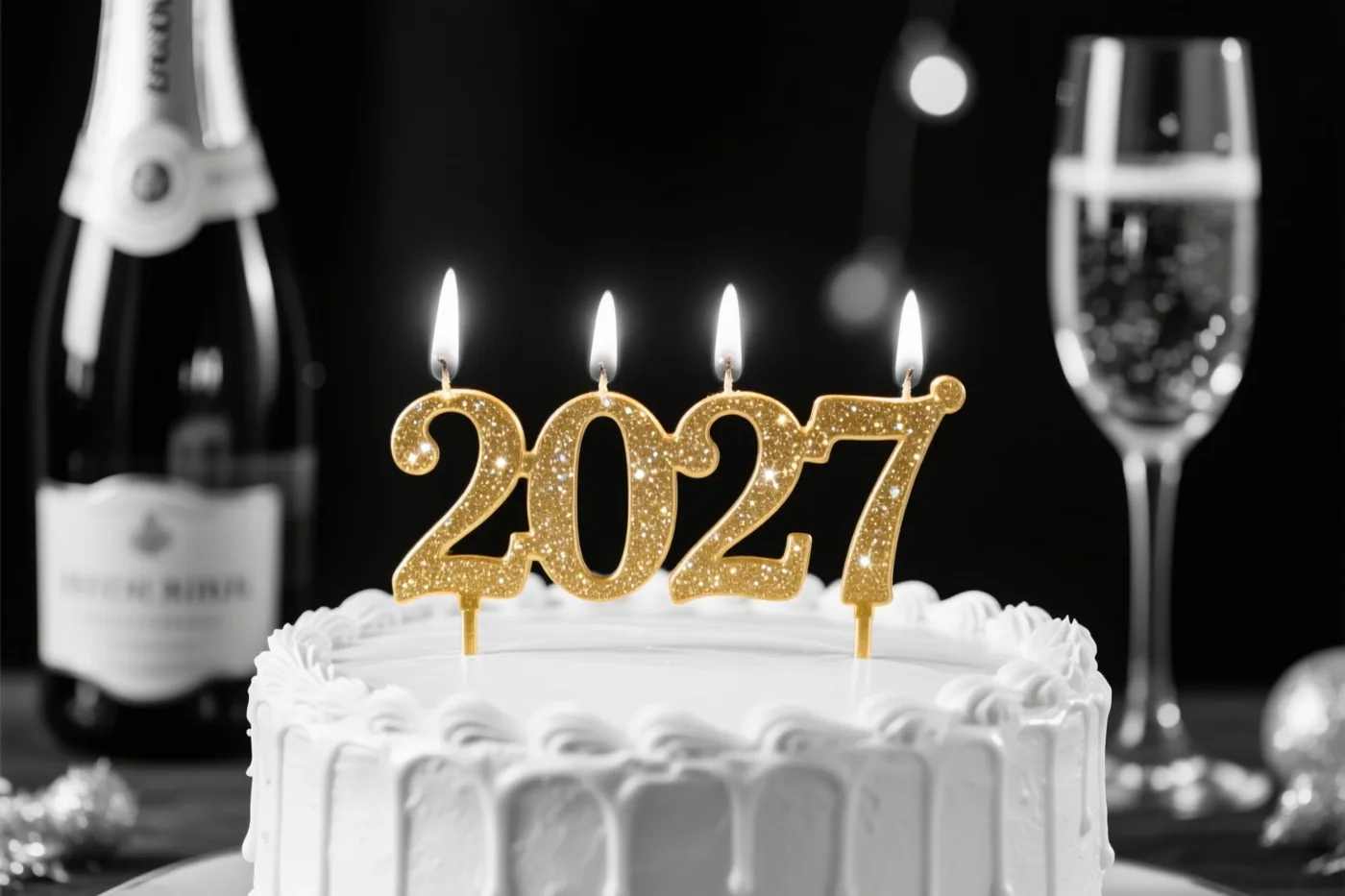 Een taart met wit glazuur, een goudglitterende decoratie met het jaartal 2027 en vier brandende kaarsen staat voor een champagnefles en champagneglas tegen een donkere achtergrond met onscherpe lichtjes.
