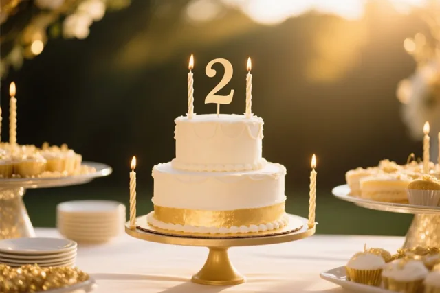 Een witte taart met twee verdiepingen, een gouden lint, brandende kaarsjes en een papieren cijfer 2 staat op een gouden taartstandaard op een buffet in warm licht.