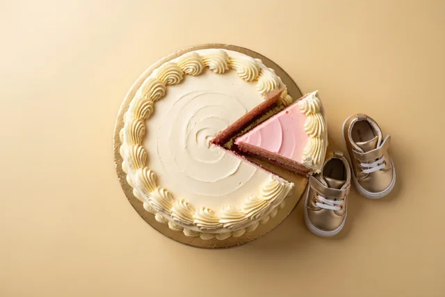 Een ronde taart met wit glazuur, een roze binnenkant en een uitgesneden punt staat op een goudkleurig bord naast kleine goudkleurige babyschoentjes tegen een beige achtergrond.