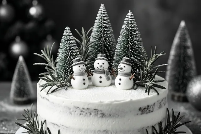 Een taart met wit glazuur, kleine sneeuwpoppen en gesuikerde rozemarijntakjes staat voor onscherpe kerstversiering en bomen in een monochroom beeld.