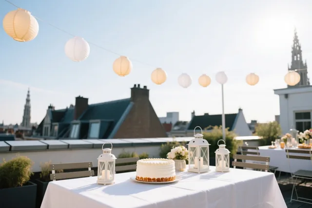 Een taart met wit glazuur staat op een wit gedekte tafel op een zonnig dakterras onder witte papieren lampionnen, met stadsgebouwen en een kerktoren op de achtergrond.