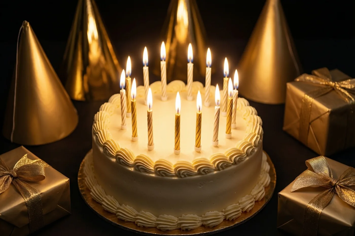 Een ronde witte taart met brandende kaarsen staat op een goudkleurig bord tussen gouden feesthoedjes en ingepakte cadeaus in een donkere kamer.