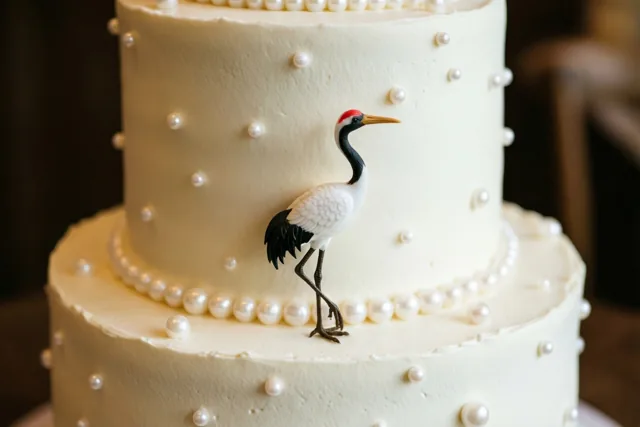 Een witte taart met twee lagen, parelachtige versiering en een kleine kraanvogel van suiker staat tegen een donkere, onscherpe achtergrond.