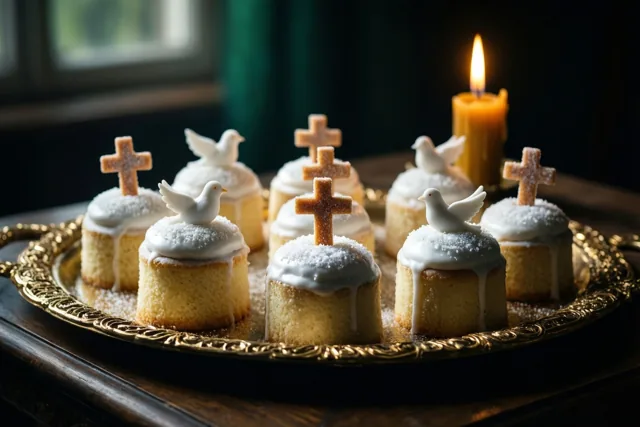 Een goudkleurig dienblad met witte taartjes met kruisjes en duifjes van suiker staat naast een brandende doopkaars op een houten ondergrond tegen een donkere achtergrond.