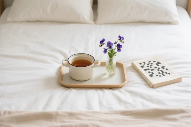 Een houten dienblad met een witte emaille theepot, paarse viooltjes in een glazen vaasje en een kruiswoordraadselboek staat op een witte bedsprei.