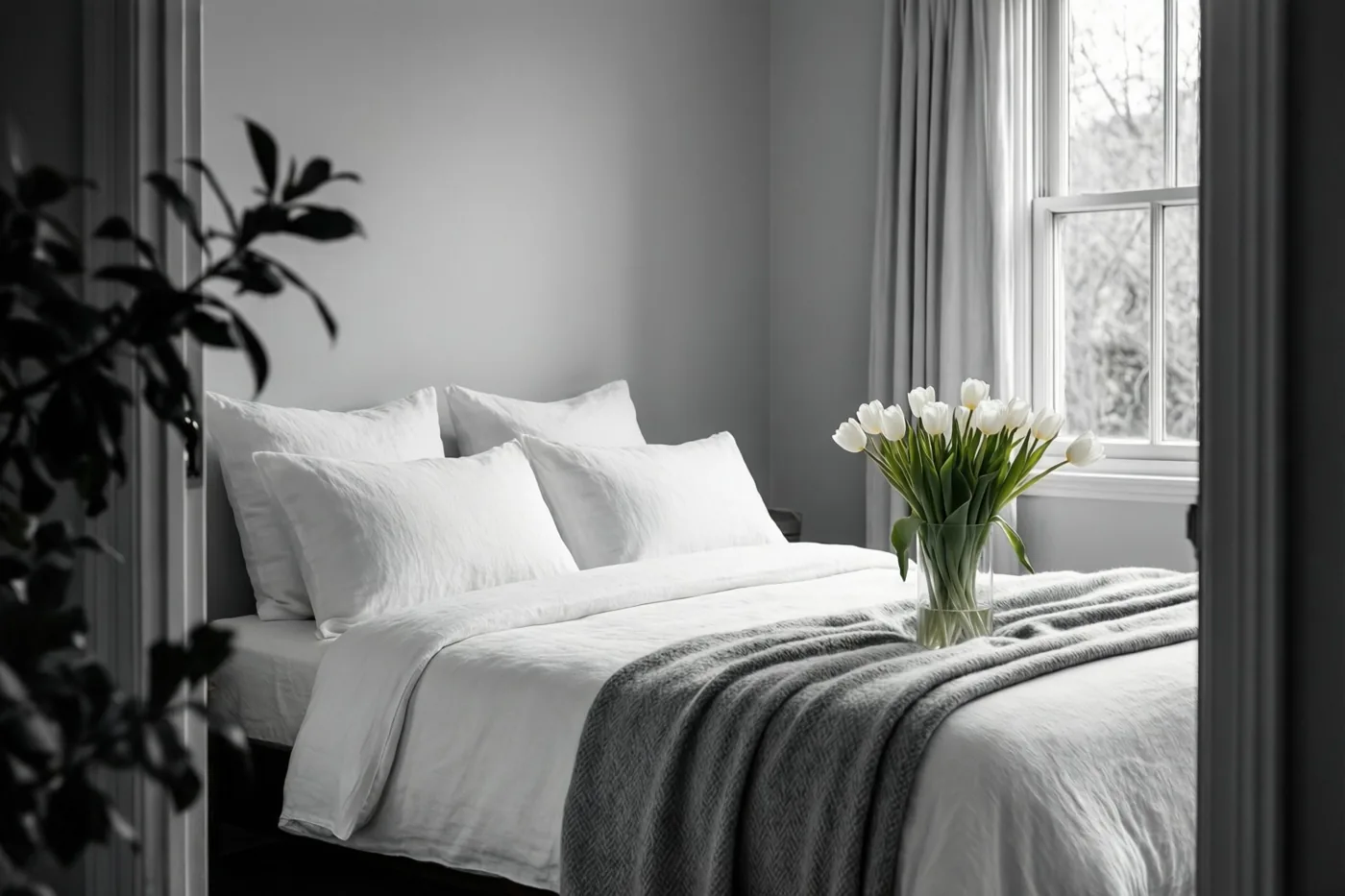 Door een deuropening is een opgemaakt bed met witte linnen kussens, een grijze deken met reliëf en een heldere vaas witte tulpen te zien in een sobere slaapkamer met grijze muren en daglicht.