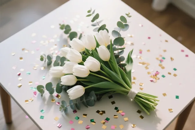 Een boeket witte tulpen met eucalyptus ligt op een witte tafel met kleurrijke confetti in zacht daglicht.