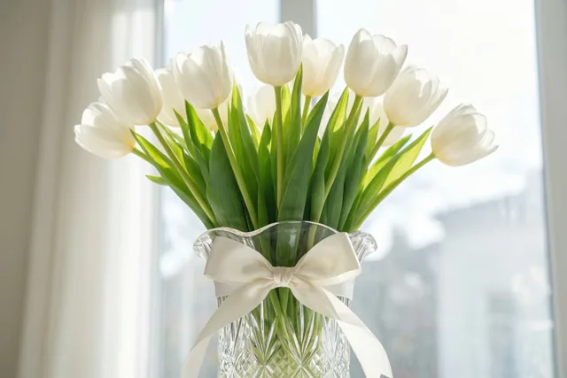 Een boeket witte tulpen staat in een kristallen vaas met een satijnen strik voor een helder raam in zacht daglicht.