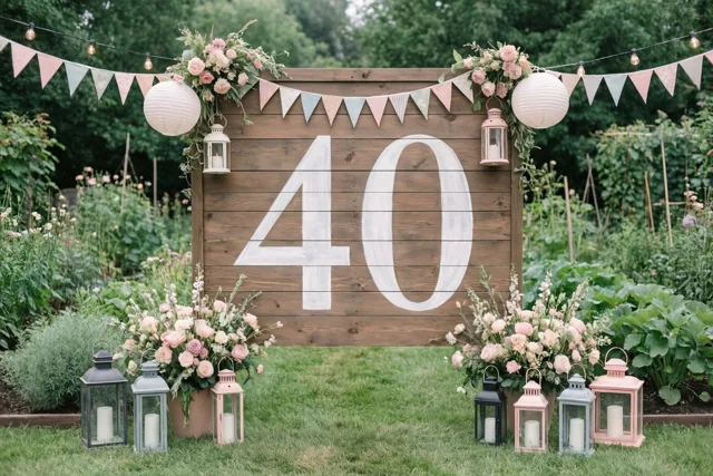 Een houten bord met 40 in witte verf staat op het gras in een tuin tussen bloemstukken, vlaggetjes en lantaarns, met groen op de achtergrond.
