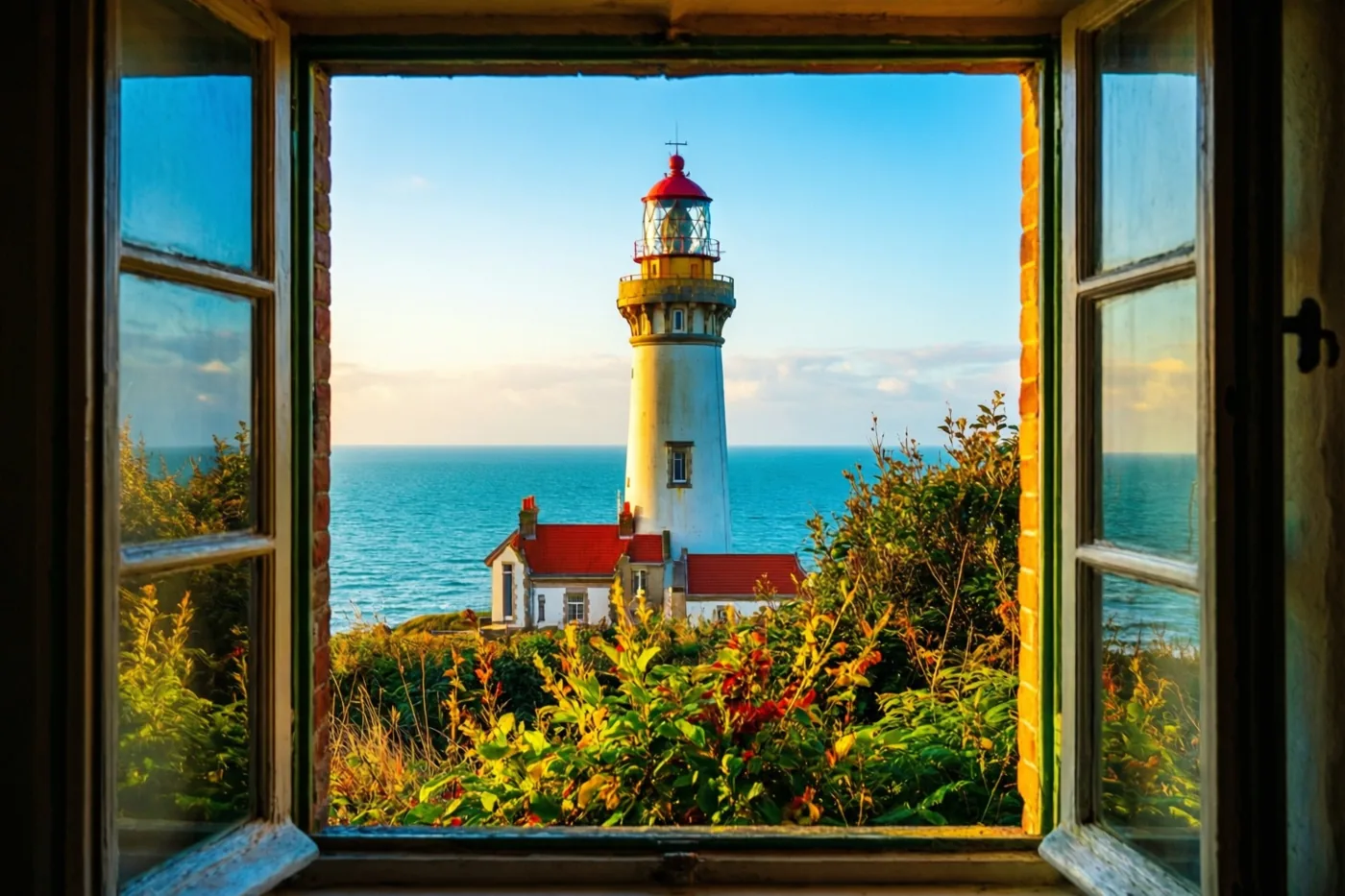 Door een open raam is een witte vuurtoren met een rood dak en een rood lichthuis op een klif boven zee te zien, met groen en geel gebladerte vooraan onder een blauwe hemel.