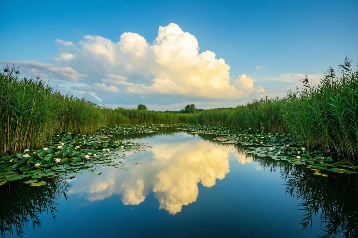 Een kalme vijver met witte waterlelies en hoog riet weerspiegelt een grote witte wolk tegen een blauwe hemel in warm gouden licht.