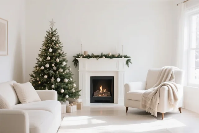 In een lichte minimalistische woonkamer met witte muren en meubels staan een versierde kerstboom, een brandende haard en een witte zetel met een deken.