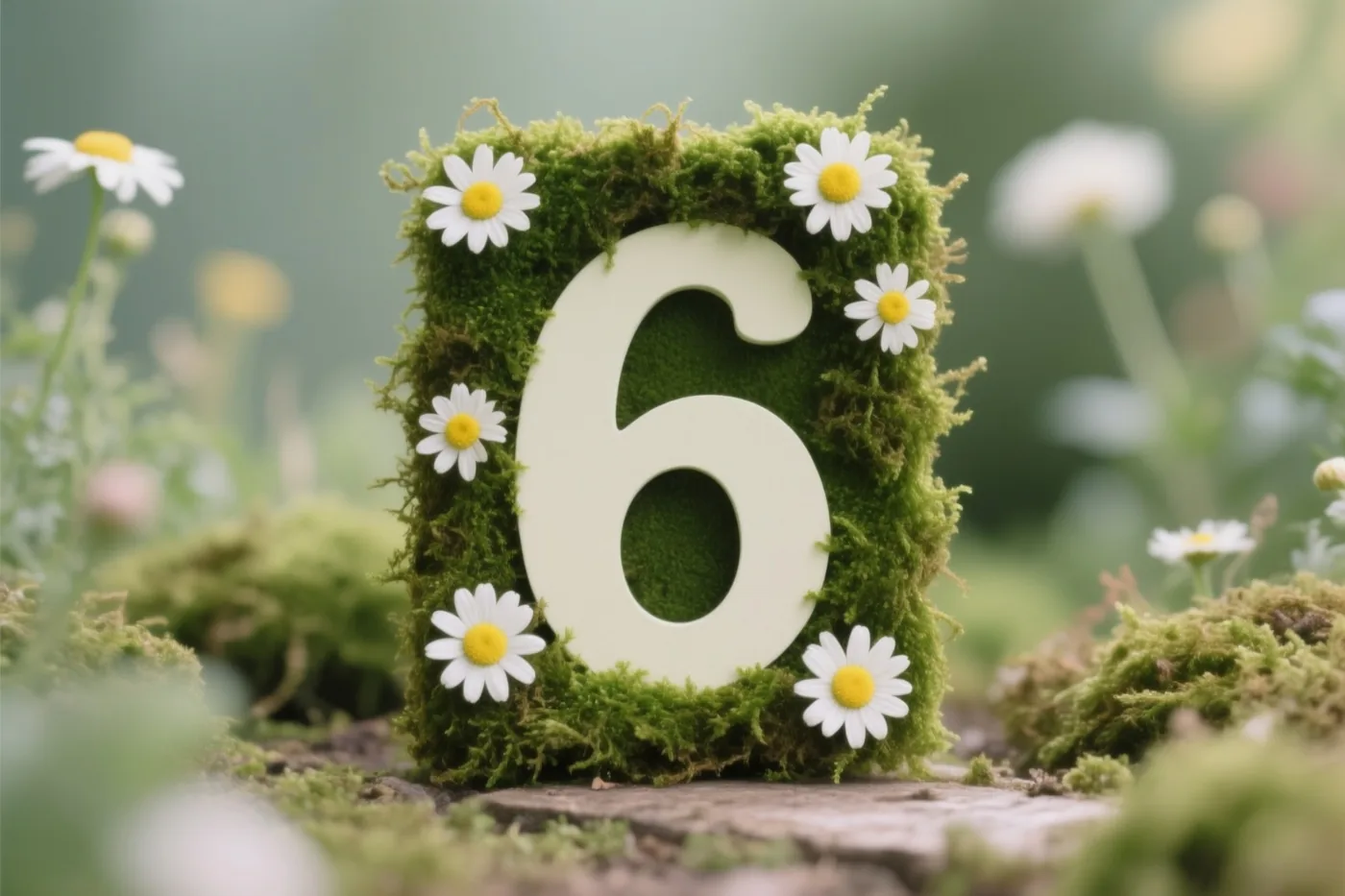 Een witte uitgesneden 6 staat centraal in een vierkante lijst van groen mos met kleine witte madeliefjes, in een rustieke tuin met wazig groen en mos op de grond.