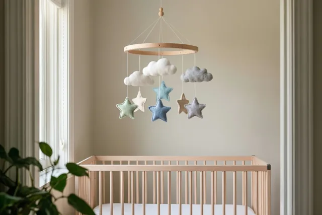 Een houten mobiel met sterren en wolken van vilt hangt boven een leeg houten babybedje in een rustige babykamer met zachte verlichting en neutrale kleuren.