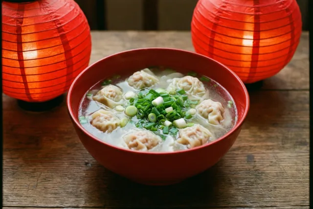 Een rode kom wontonsoep met fijngesneden lente-ui staat op een houten tafel tussen twee brandende rode papieren lantaarns.