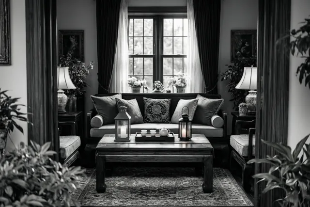 Een zwart-witfoto toont door een deuropening een woonkamer met een zetel, kussens, twee lantaarns en een theeblad op een salontafel, met donkere houten meubels en stoffen met patronen.