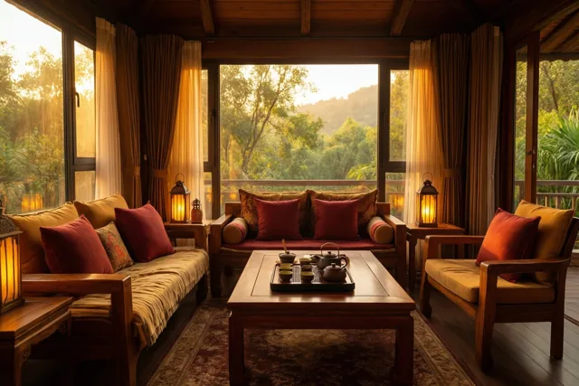 Een houten woonkamer met rode en oranje kussens, lantaarns en een theeblad voor gasten kijkt uit op een bosrijk landschap bij zonsondergang.