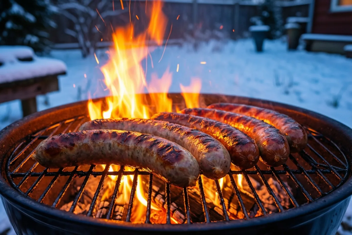 Dikke worsten liggen op een rooster boven een vuurkorf met oranje en gele vlammen in een besneeuwde achtertuin bij schemering.