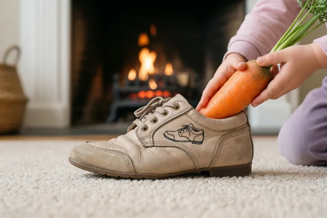 Kinderhanden duwen een wortel in een beige schoen die op een tapijt bij een haard staat, in zacht licht.