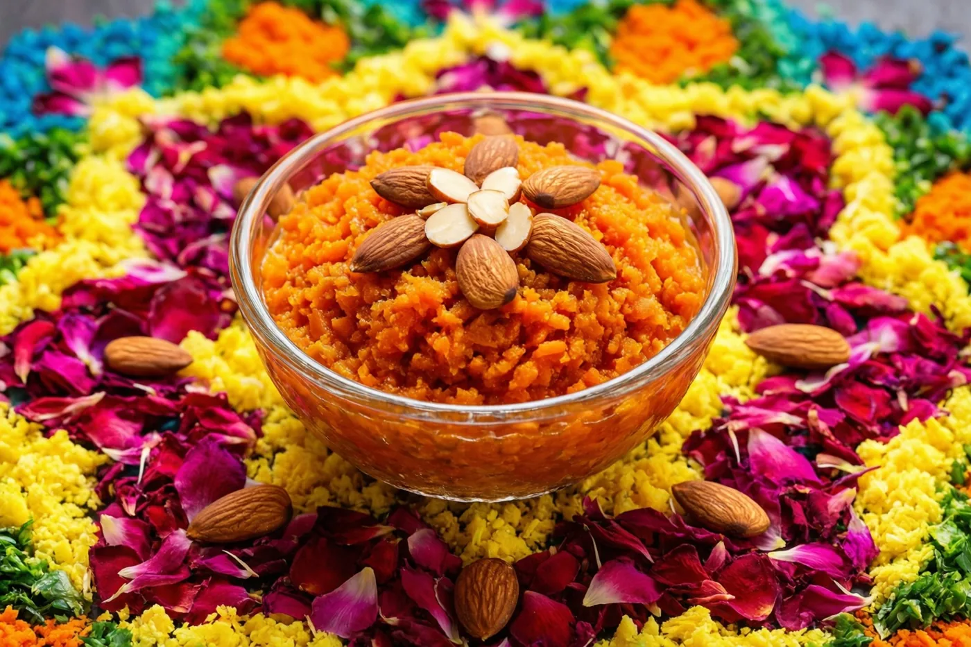 Een glazen kom oranje wortelhalwa met amandelschijfjes staat midden in een kleurrijke rangoli van bloemblaadjes, met gele, roze en groene tinten.