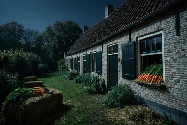 Bij een rij Vlaamse bakstenen hoeves liggen 's nachts verse wortels in bloembakken en op hooibalen, in donkerblauwe, groene en bruine tinten.