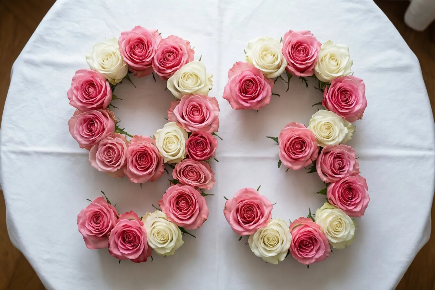 Roze en roomwitte rozen liggen in de vorm van 93 op een wit tafelkleed, van bovenaf gezien.