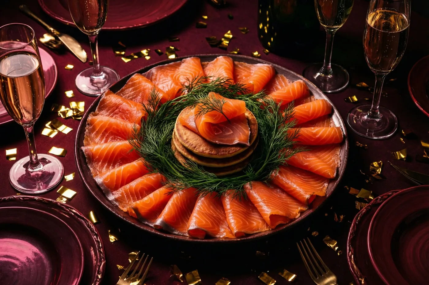 Een ronde schaal met dunne plakjes gerookte zalm rond een stapel blini's met zalm en dille staat op een donkerrood tafelkleed met gouden confetti, champagneglazen en borden.