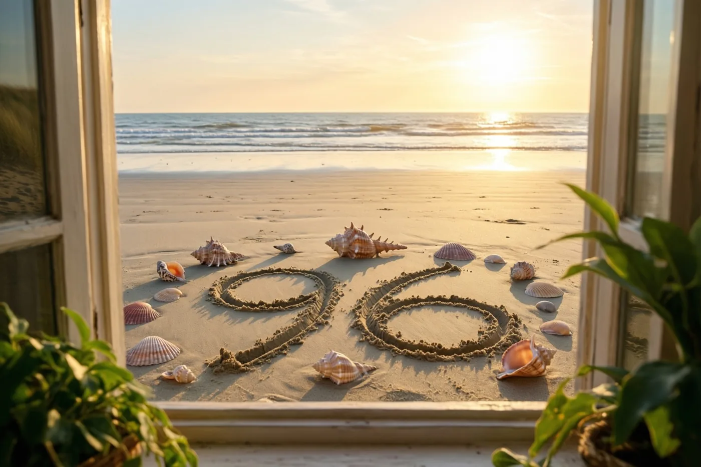 Door een raam met groene planten op de voorgrond is 96 in strandzand te zien tussen schelpen bij zonsondergang, in warme gouden en beige tinten.
