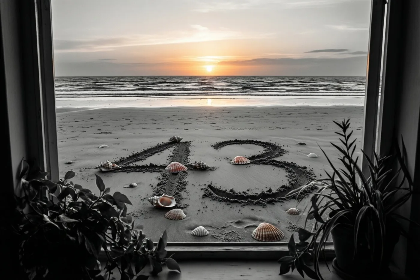 Door een raam met potplanten op de vensterbank is 43 in het strandzand te zien, omringd door schelpen in het zachte licht van de zonsondergang.