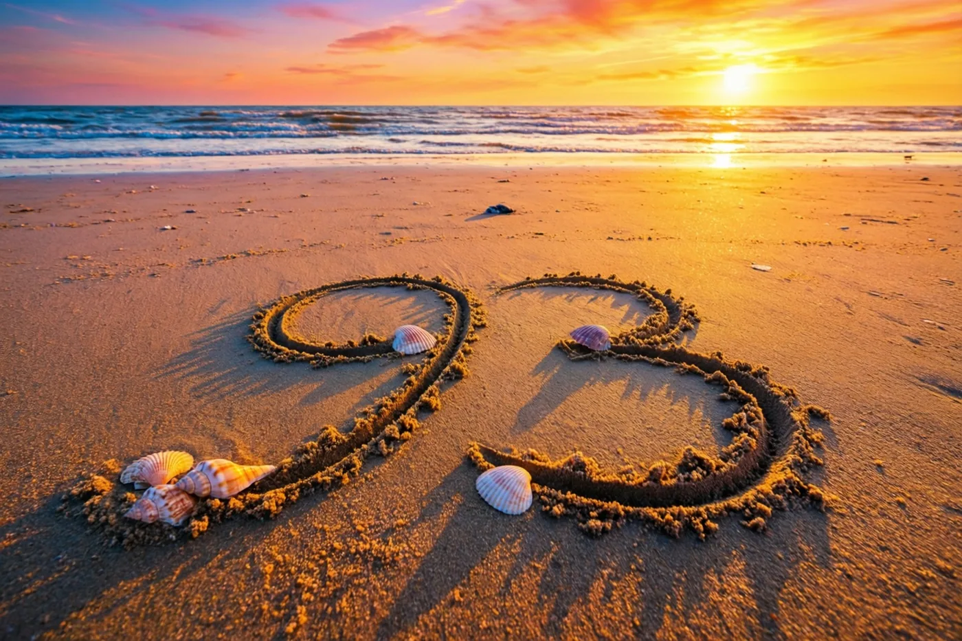 Het getal 93 is in het strandzand getekend met schelpen eromheen, terwijl de zon boven zee ondergaat in oranje en roze tinten.