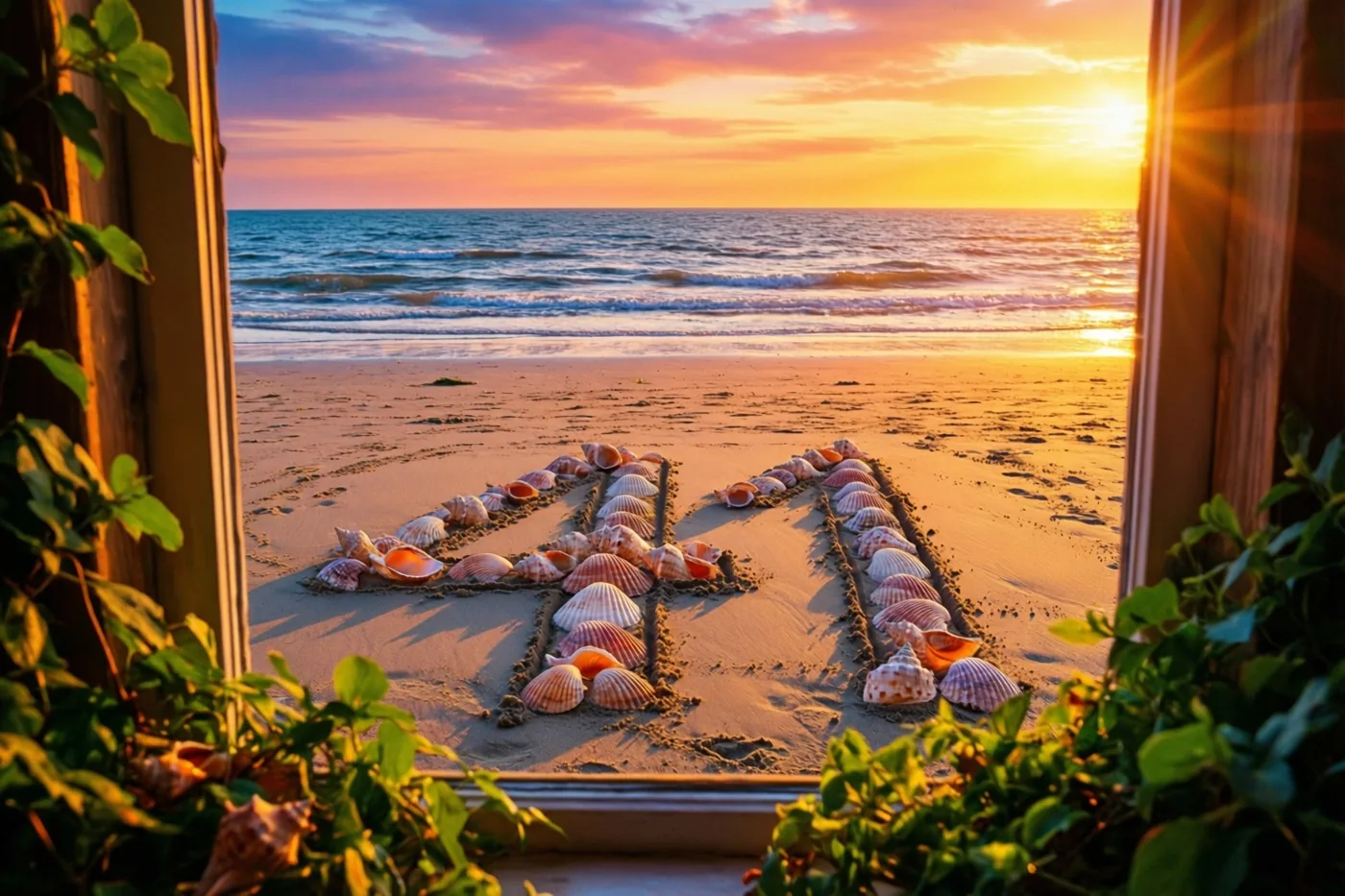 Door een raam is 41 in het strandzand te zien tussen schelpen, met een oranje en roze zonsondergang boven de zee.