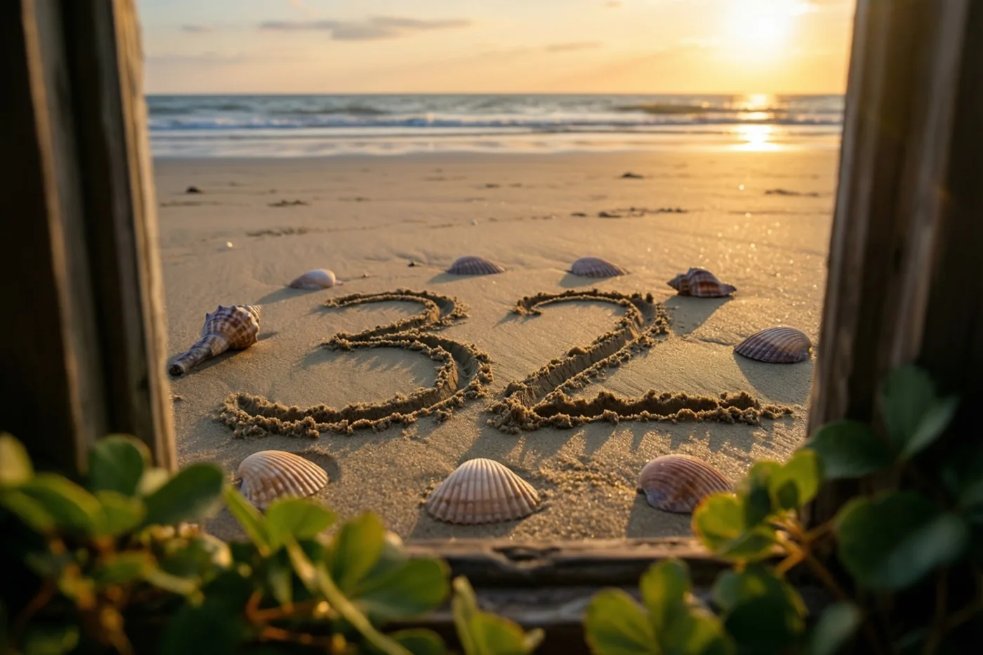 Door een houten kader met groen op de voorgrond is 32 in het strandzand te zien tussen schelpen, met de zee bij zonsondergang op de achtergrond.