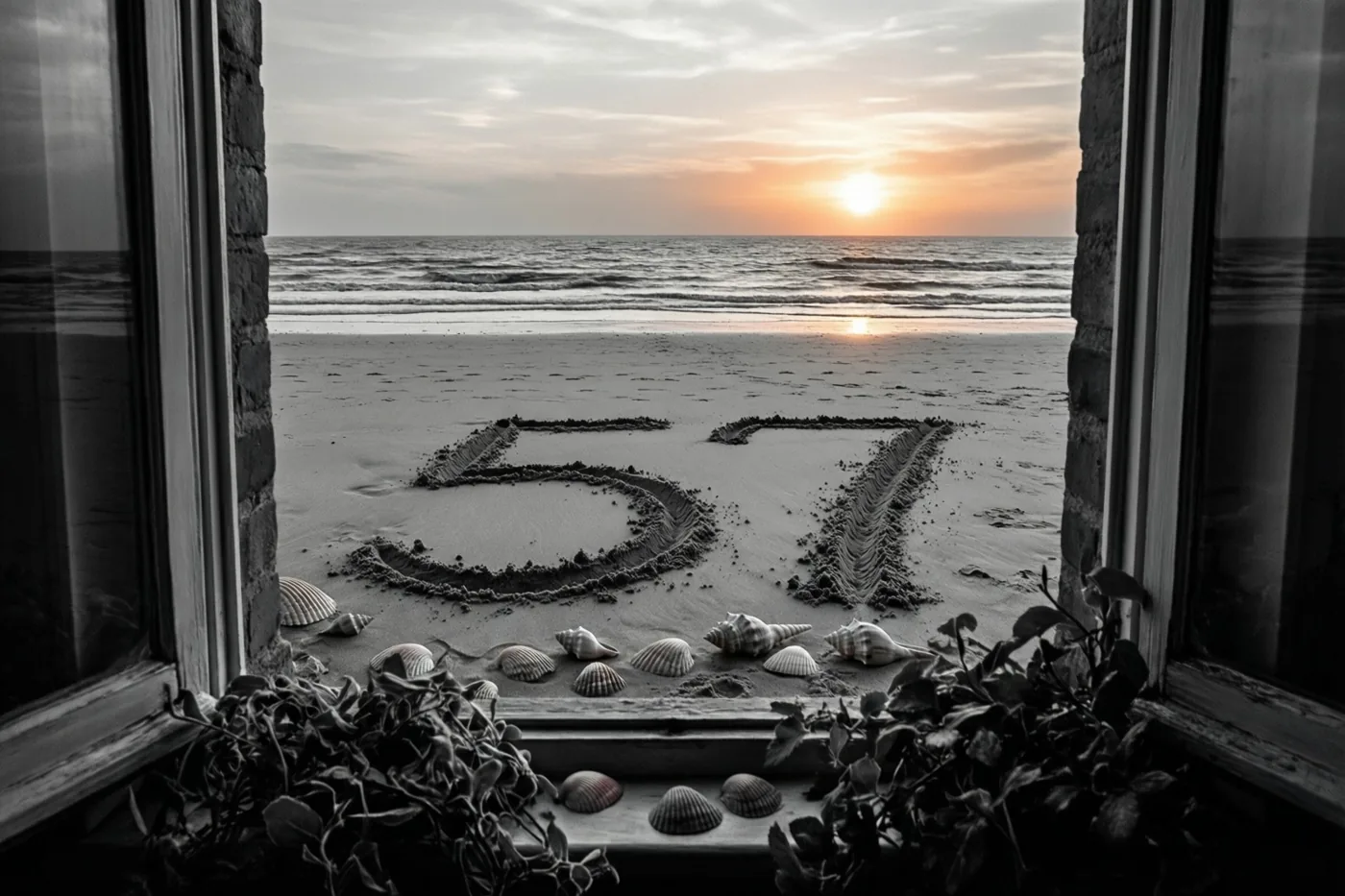 Door een raam met planten op de vensterbank is 57 in het strandzand te zien tussen schelpen bij zonsondergang onder een oranjegrijze lucht.