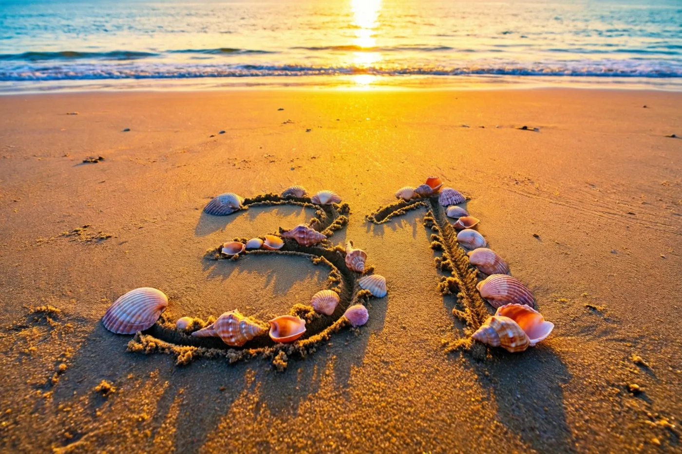 Het getal 31 is in het zand getekend tussen schelpen op een strand in het gouden en oranje licht van de zonsondergang boven zee.