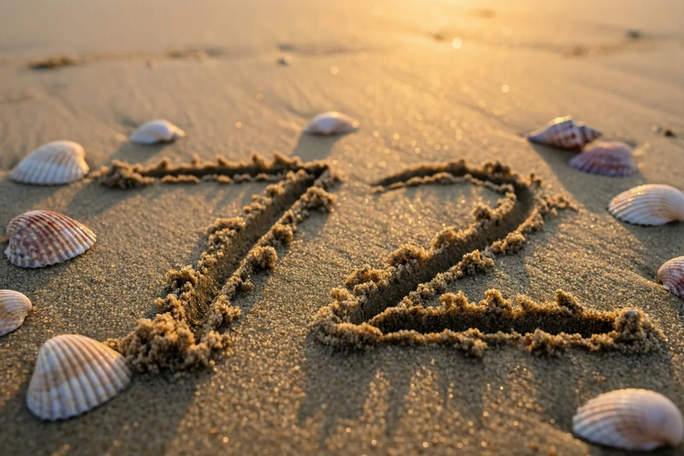 Het getal 72 is in strandzand getekend tussen verspreide schelpen in het gouden licht van de ondergaande zon.