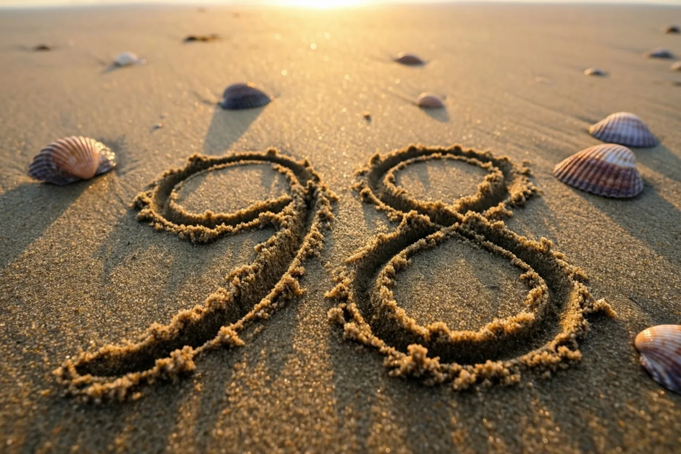 Het getal 98 is in strandzand getekend tussen verspreide schelpen, in het warme gouden licht van de zonsondergang.