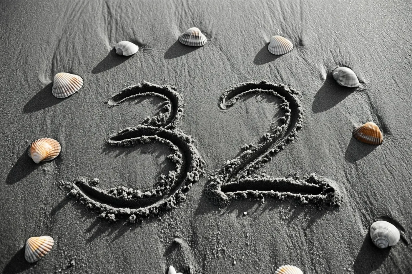 Het getal 32 staat getekend in donker strandzand tussen verspreide schelpen, weergegeven in grijstinten bij zonsondergang.