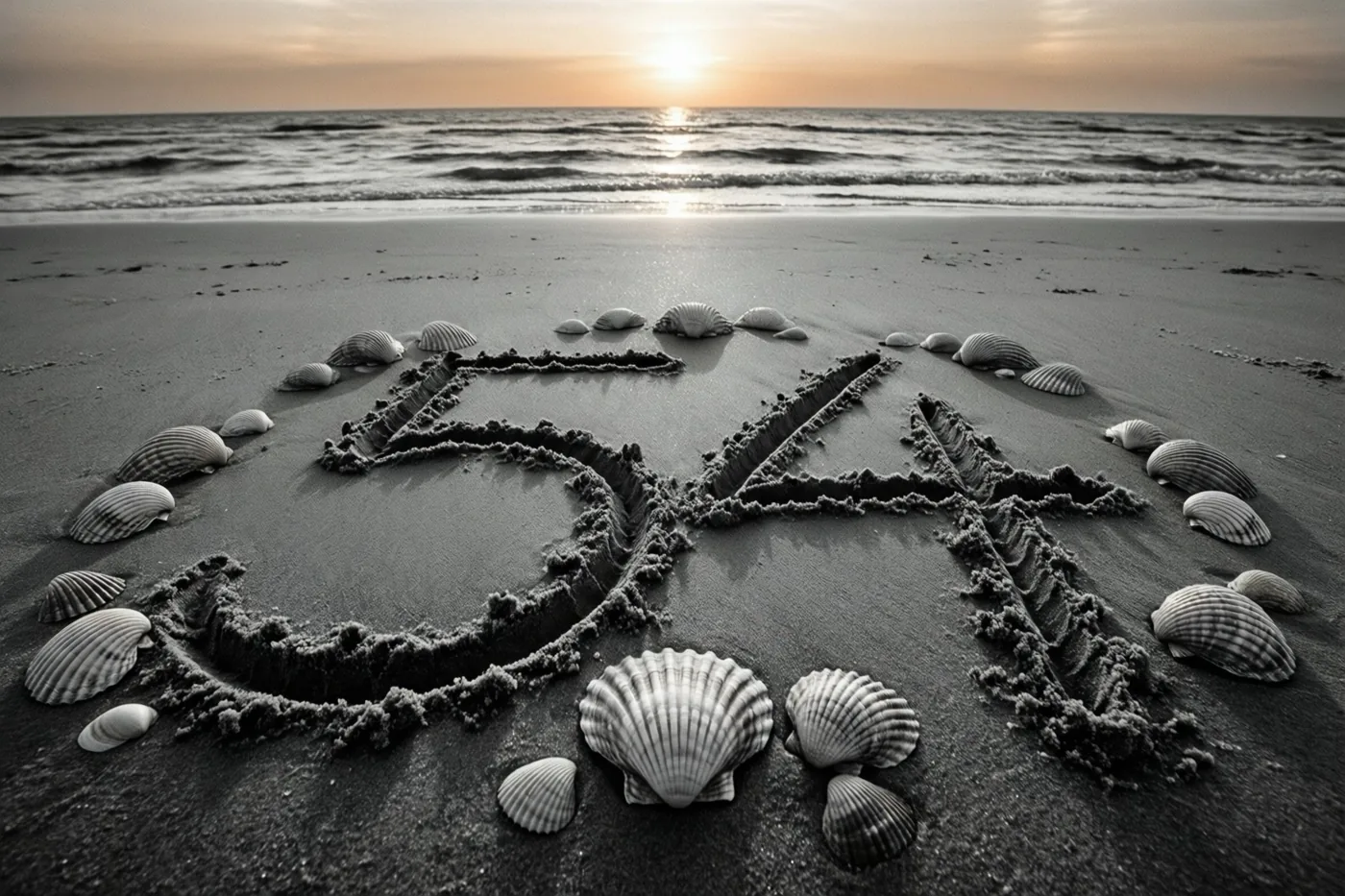Een zwart-witbeeld toont het getal 54 in het zand op een strand bij zonsondergang, omringd door schelpen.