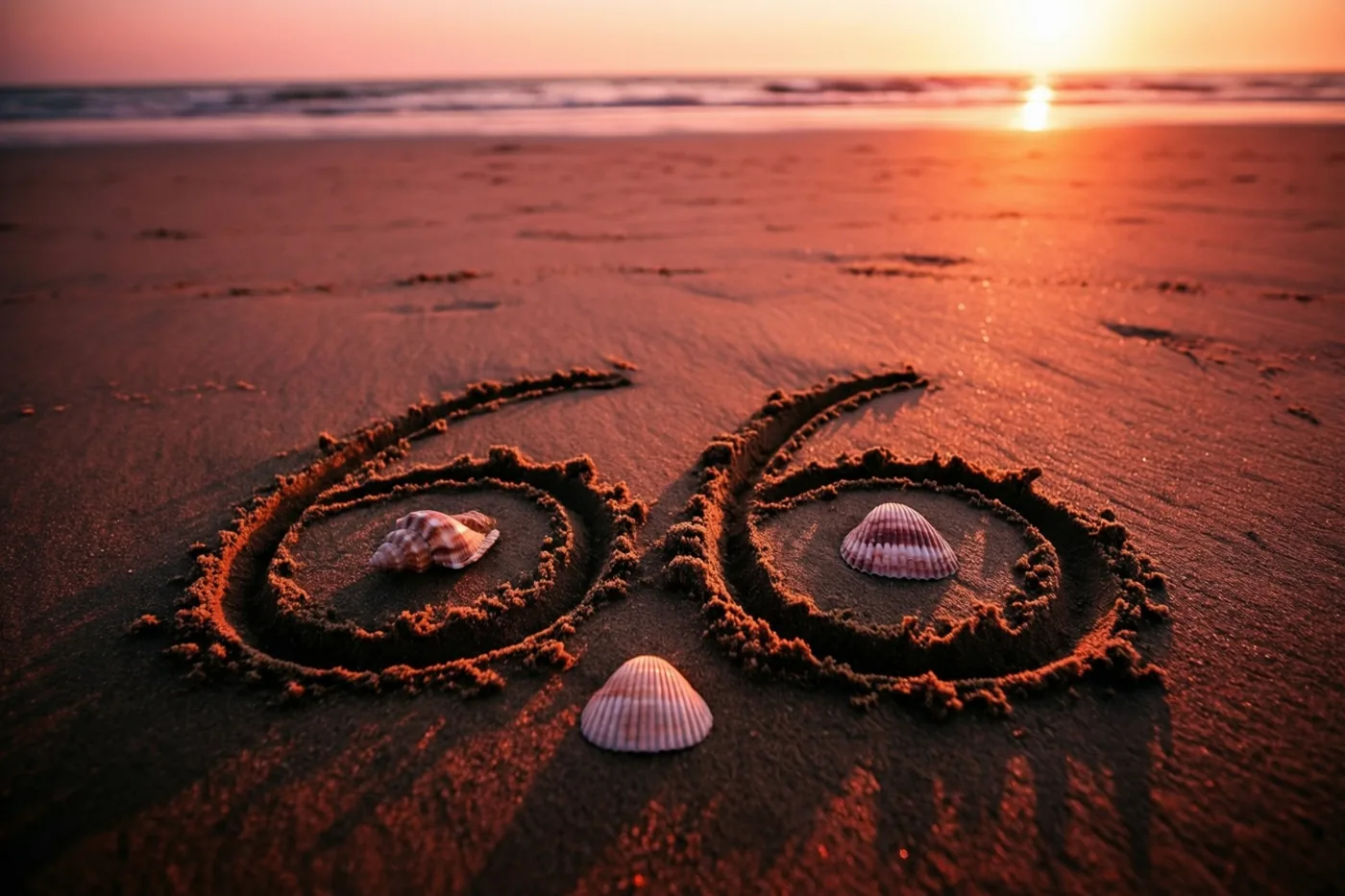 Het getal 66 is in het zand van een strand getekend met drie schelpen eromheen, in oranje en rood licht bij zonsondergang.