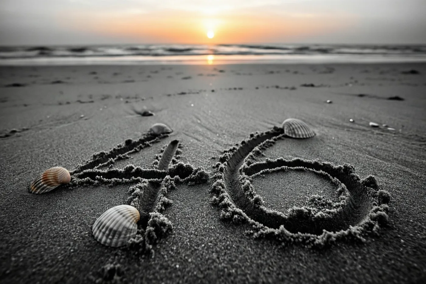 Het getal 46 is in het strandzand getekend met schelpen eromheen, in zwart-wittinten met een warme oranje gloed van de ondergaande zon.