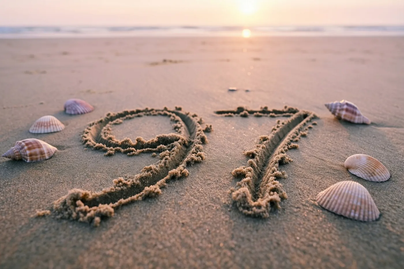 Het getal 97 is in het strandzand getekend tussen schelpen, met gouden avondlicht en een onscherpe zee en horizon op de achtergrond.