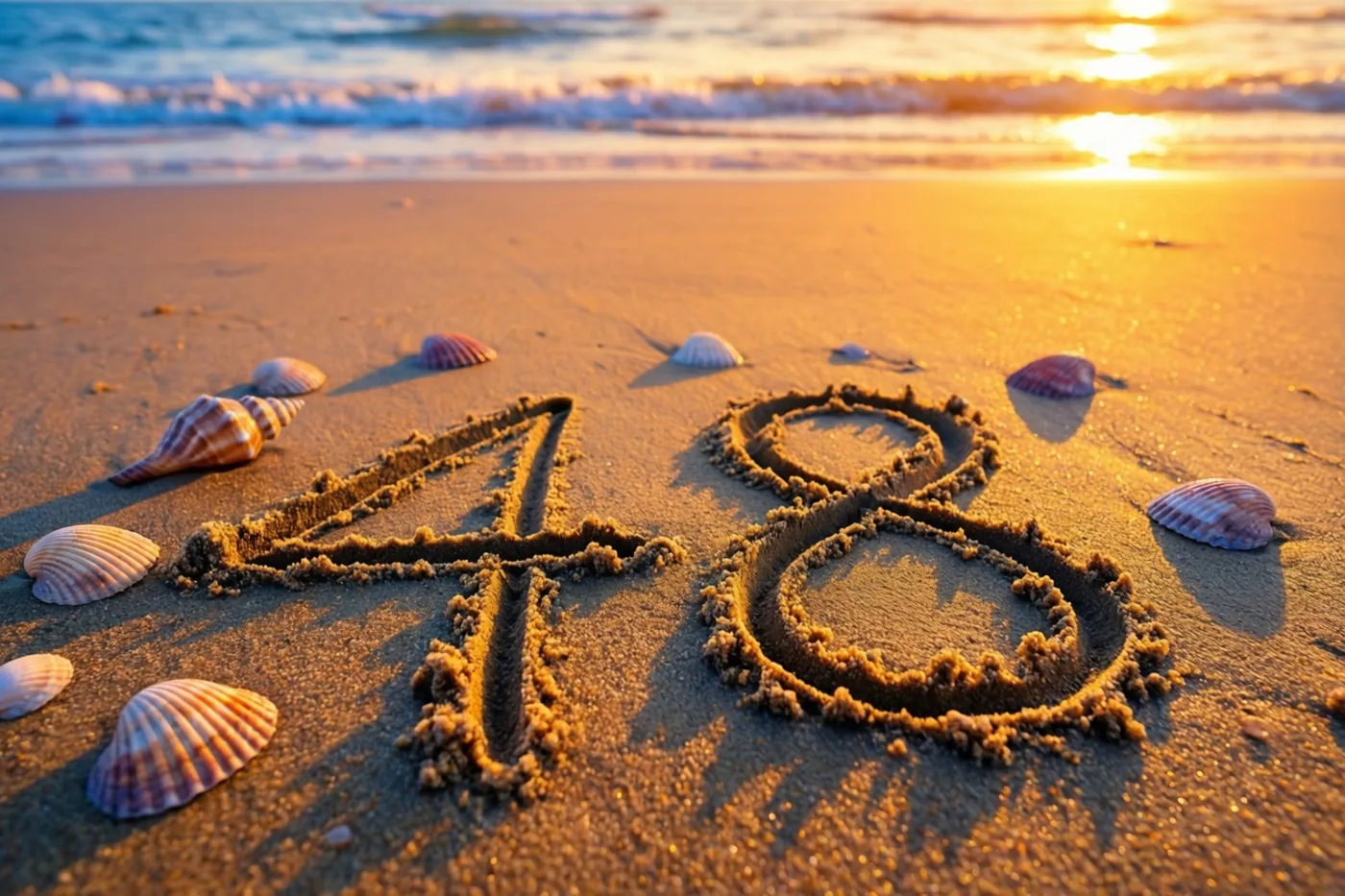 Het getal 48 is in het strandzand getekend tussen verspreide schelpen, in goudkleurig licht van de ondergaande zon met de zee op de achtergrond.