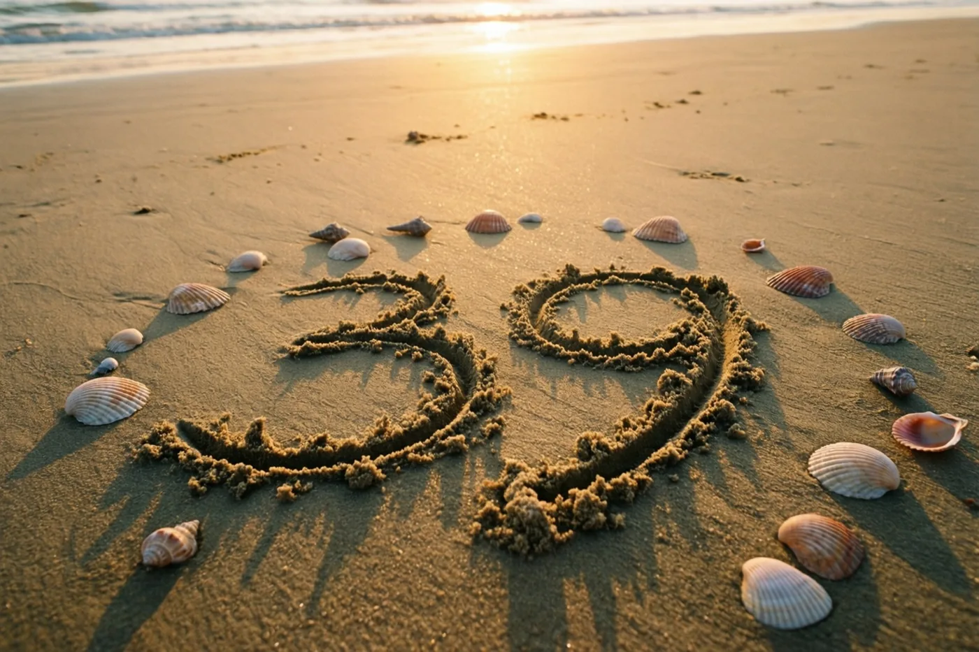 Het getal 39 is in het strandzand getekend tussen schelpen, met de zee op de achtergrond in het gouden licht van de ondergaande zon.